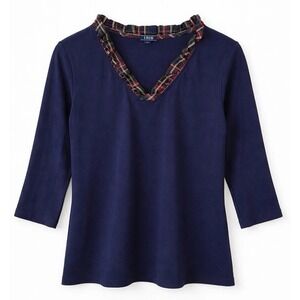 Izod Women's Stretch Knit Navy Blue Plaid Ruffle Collar Pullover Shirt Large